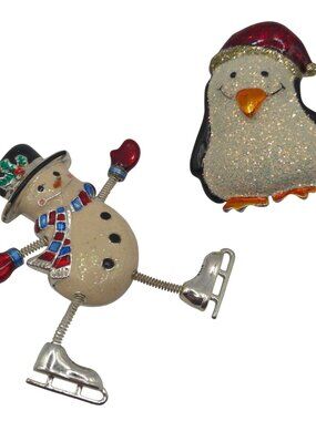 Danecraft‎ Vintage Christmas Articulated Snowman Penguin Winter Holiday Brooches